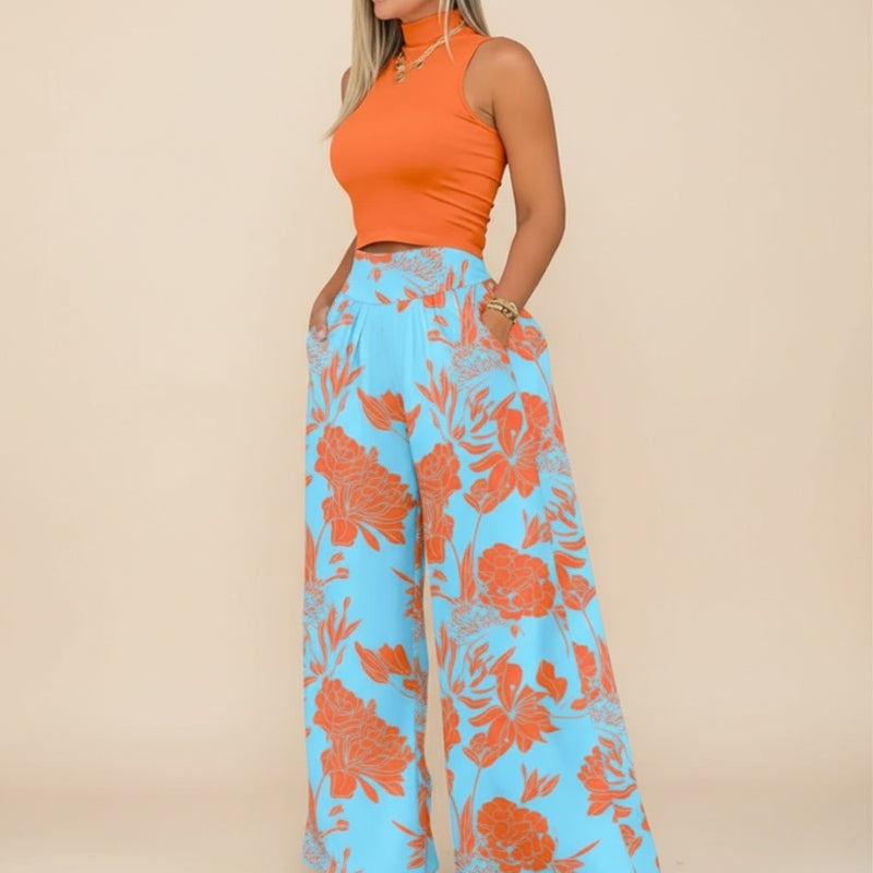 Conjunto Feminino Cropped e Calça Pantalona Estampada Laranja Floral