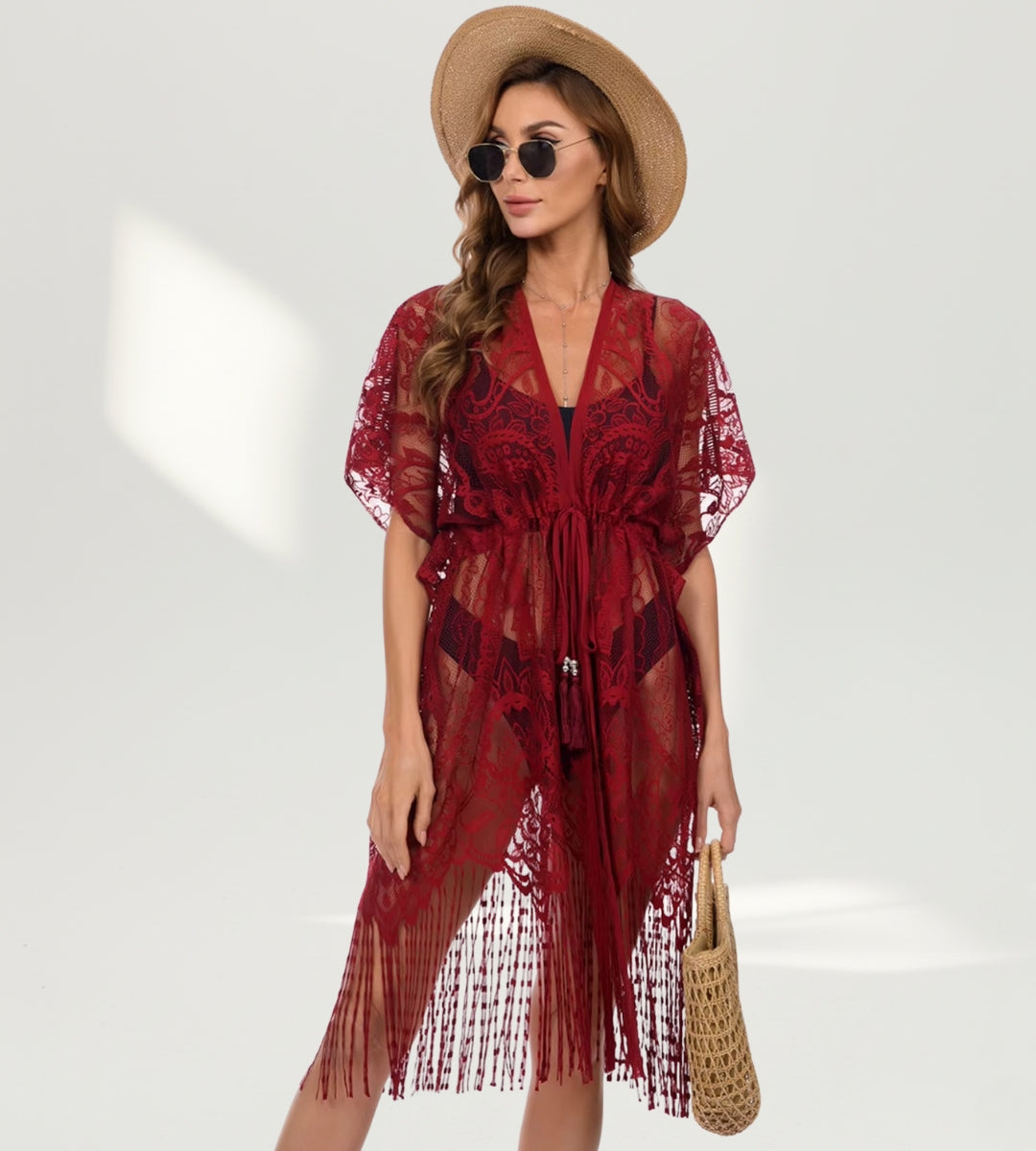 Saída de praia renda vermelha elegante