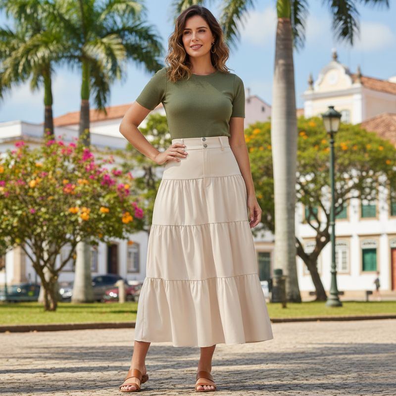 Saia evasê feminina midi bege cintura alta