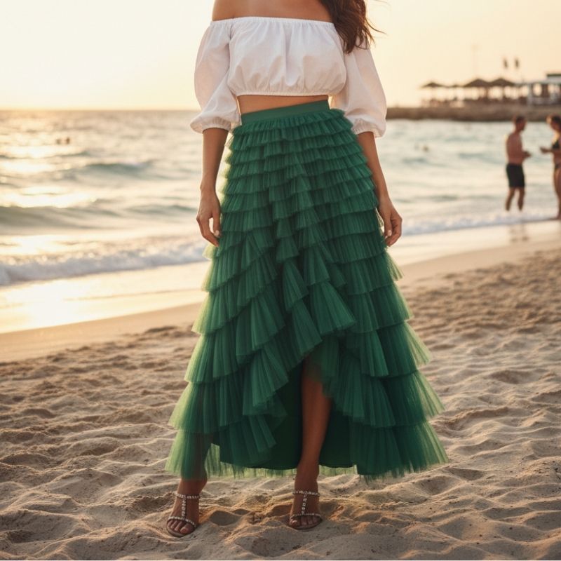Saia Tule Longa com Babados Verde – Elegância Atemporal para Looks Sofisticados