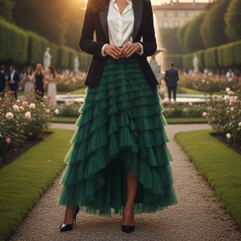 Saia Tule Longa com Babados Verde – Elegância Atemporal para Looks Sofisticados