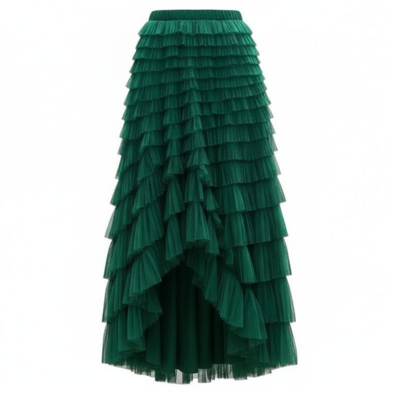 Saia Tule Longa com Babados Verde – Elegância Atemporal para Looks Sofisticados