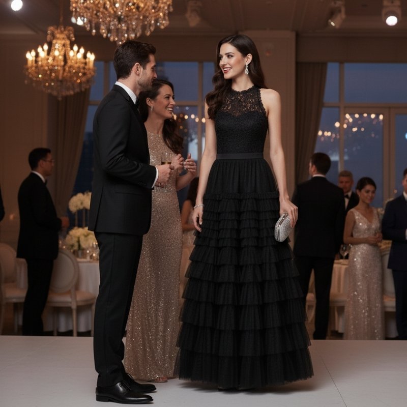 Saia plissada feminina midi em tule preto com babados