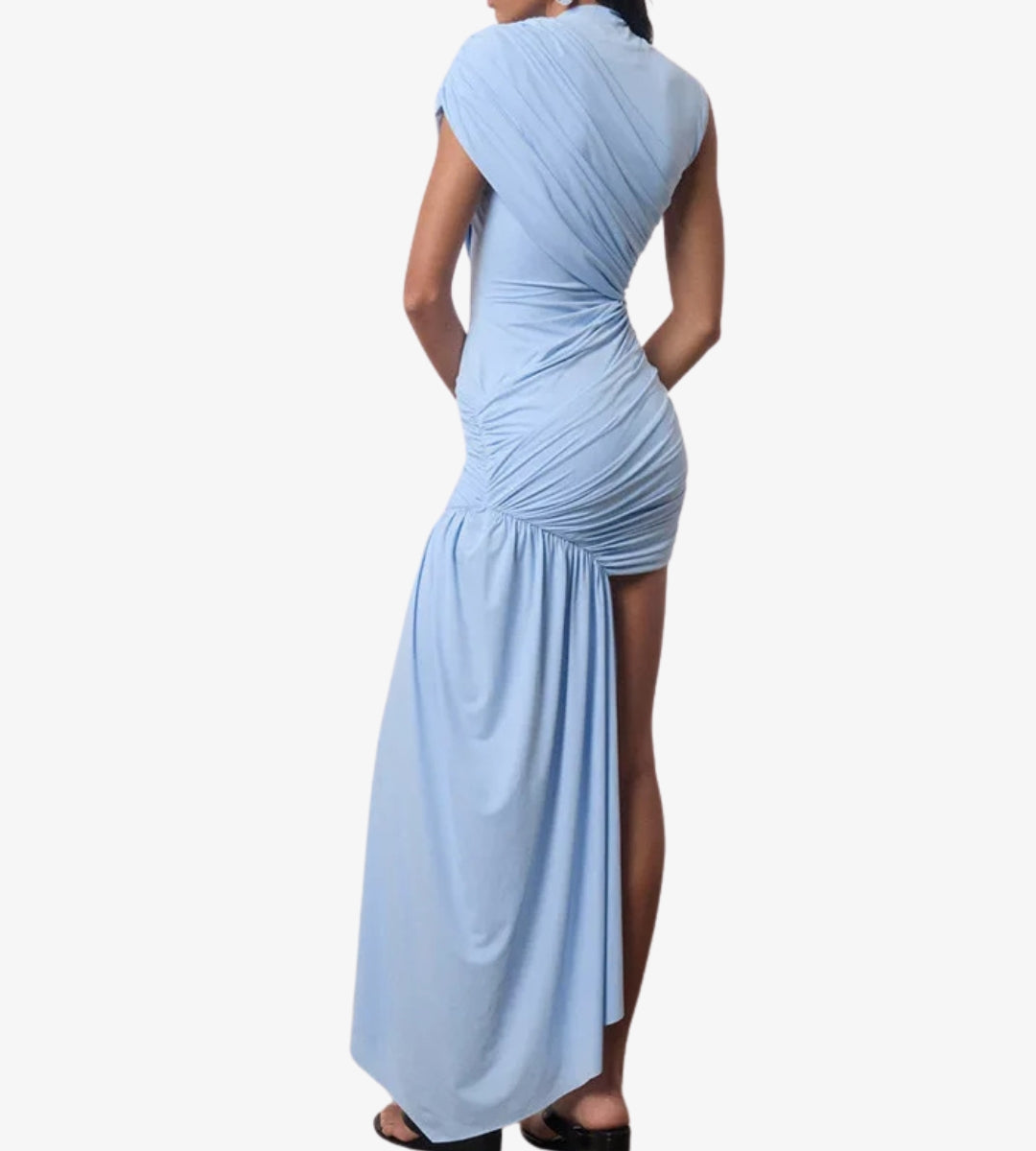 Vestido feminino curto drapeado azul com costaluida