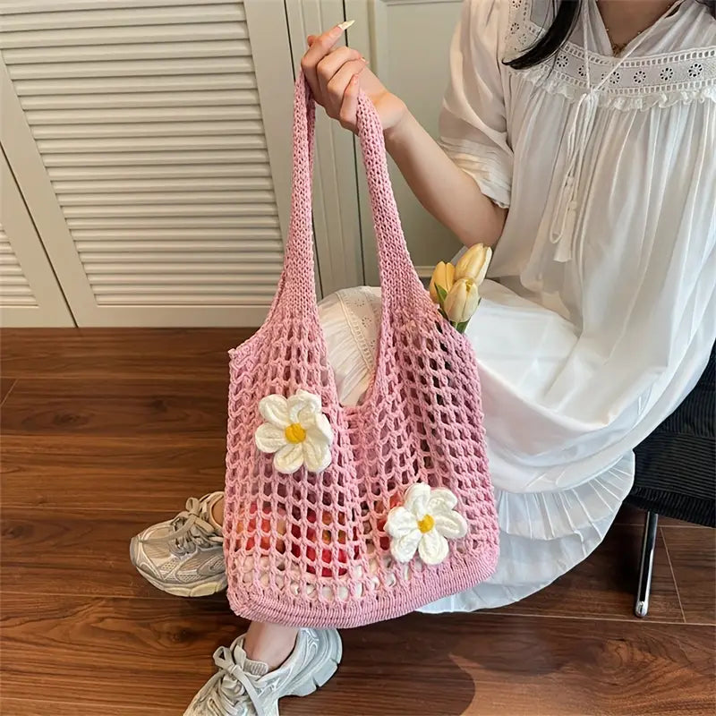 bolsa feminina croche rosa com aplicação floral artesanal