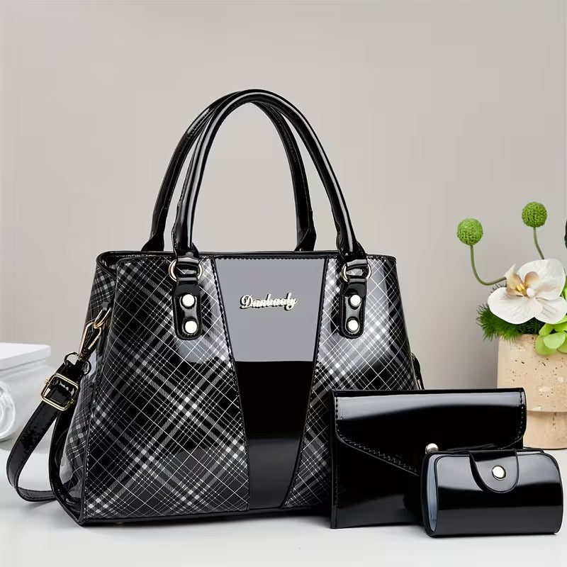 conjunto de bolsas femininas verniz croco azul tote e carteira black