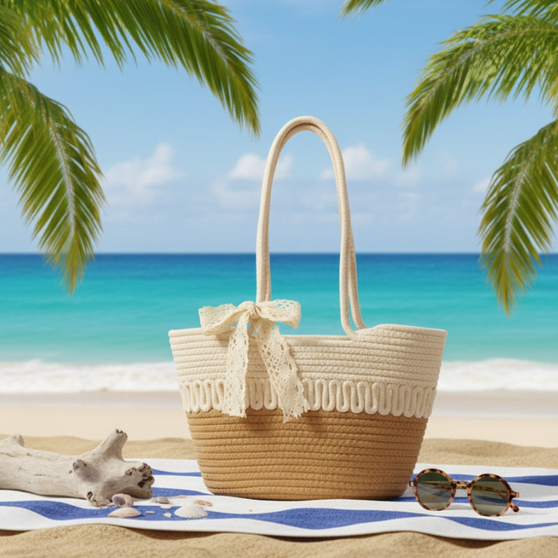 bolsa de praia feminina em corda marrom saybeleze marrom e bege