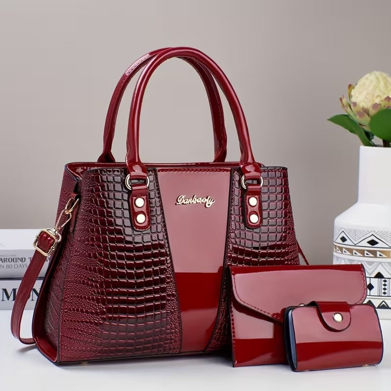 bolsa feminina de mão verniz croco vermelho kit 3 peças