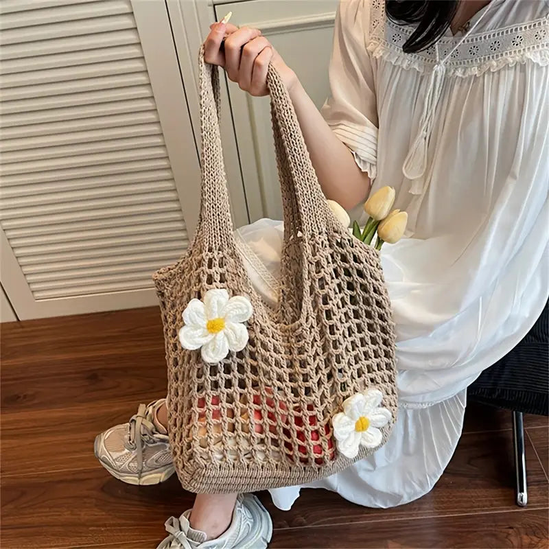 bolsa feminina croche vazada com flores 3D