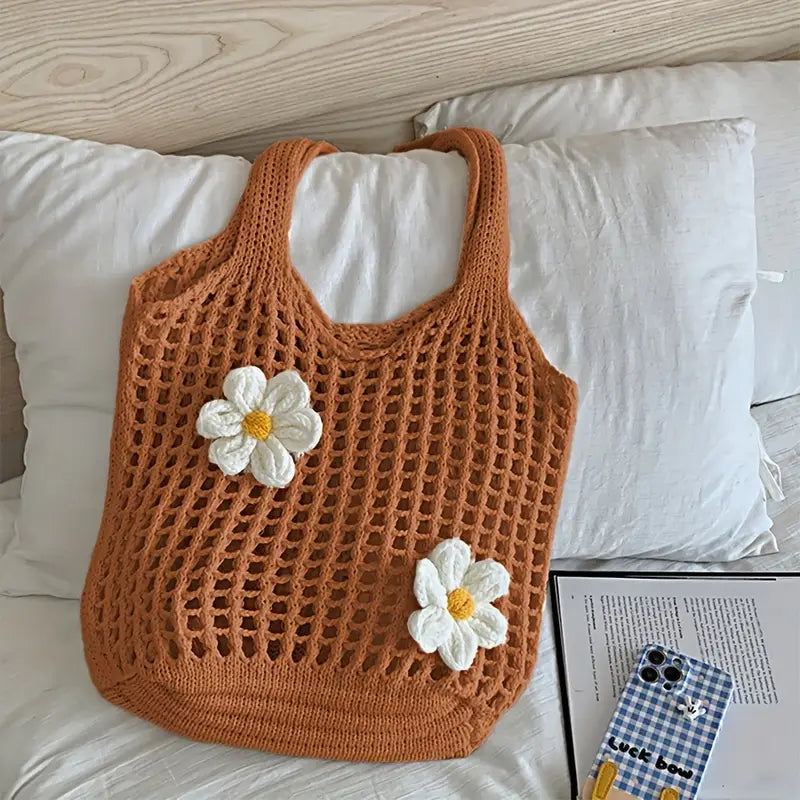 bolsa feminina croche vazada com flores 3D cor caramelo