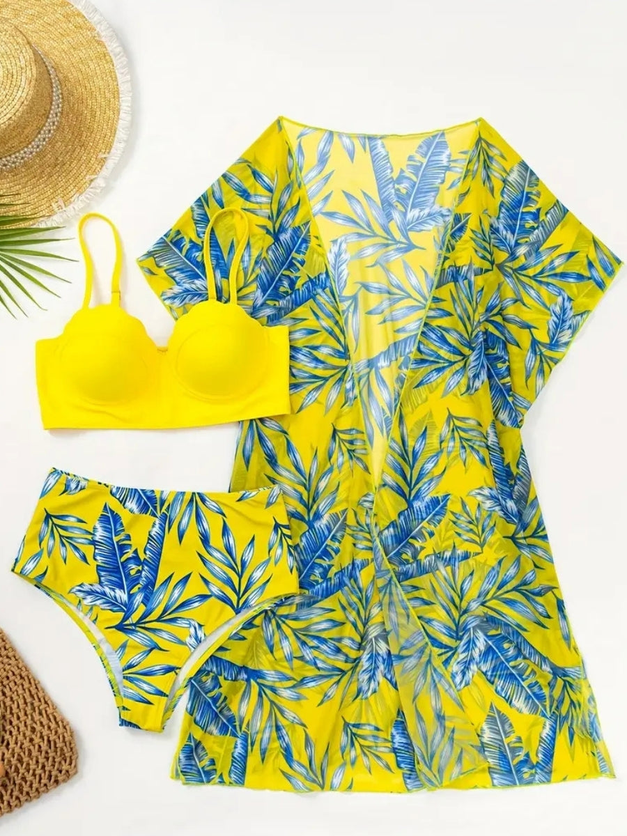 Conjunto Biquíni Amarelo Tropical com Saída Saybeleze