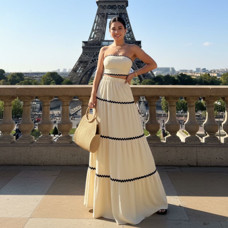 Conjunto Feminino Longo Tomara que Caia Bege com Detalhes Pretos