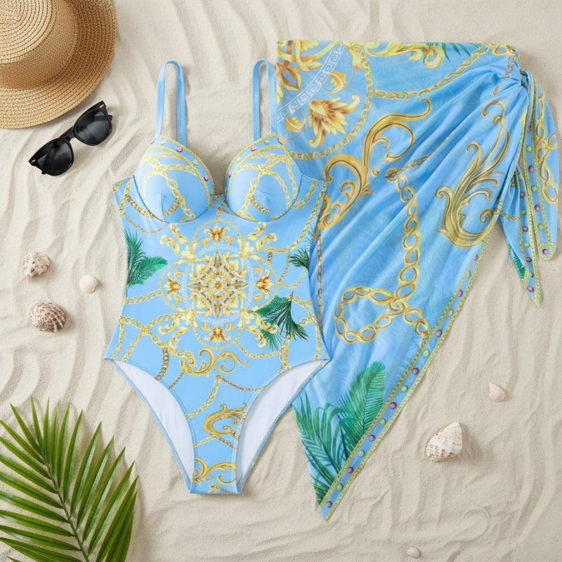 conjunto maiô azul 2025 com canga pareô estampa exclusiva