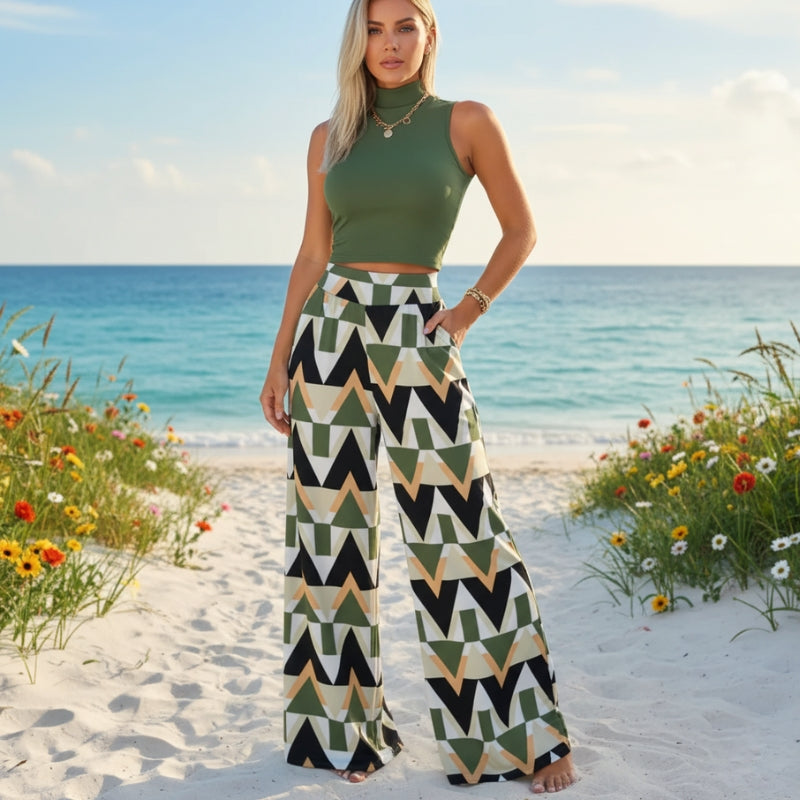 conjunto feminino verde cropped e calça pantalona geométrica