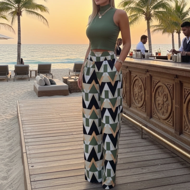 vista traseira conjunto feminino verde cintura alta