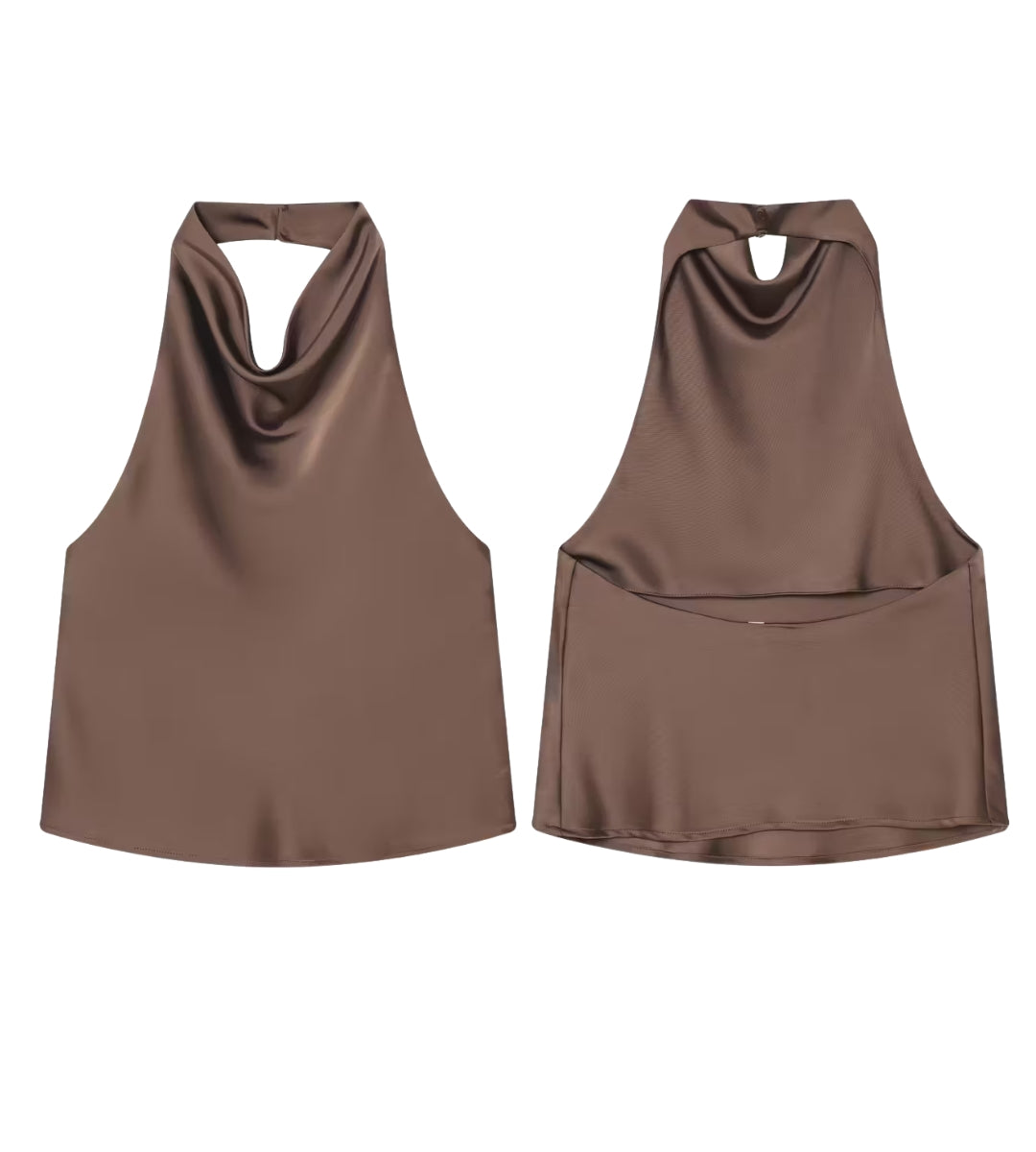 Composição de moda com a blusa degagê acetinada marrom em cenário de luxo.