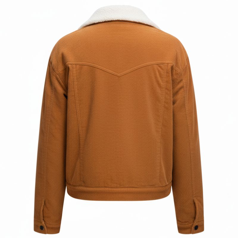 Jaqueta Feminina de Veludo Cotelê Caramelo com Forro de Pelo – Estilo Casual Inverno