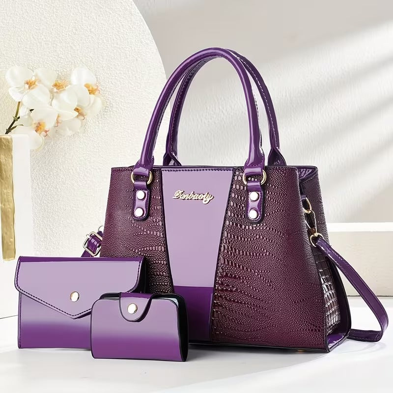 kit de bolsas femininas croco dourado estilo sofisticado roxo