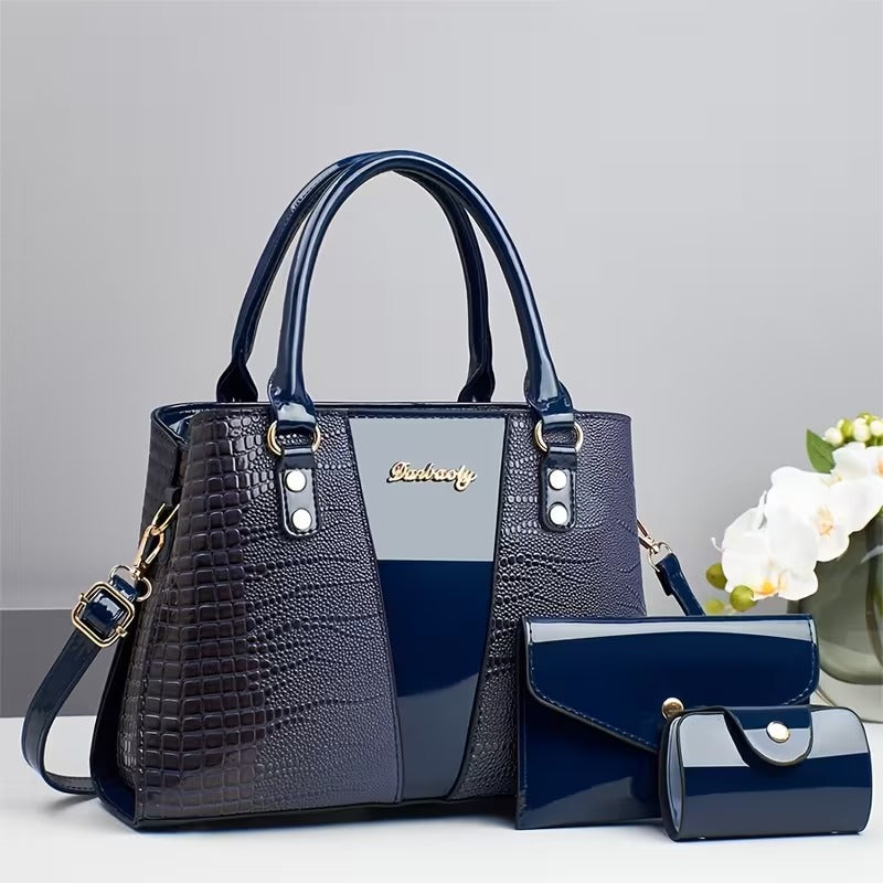 conjunto de bolsas femininas verniz croco azul tote e carteira