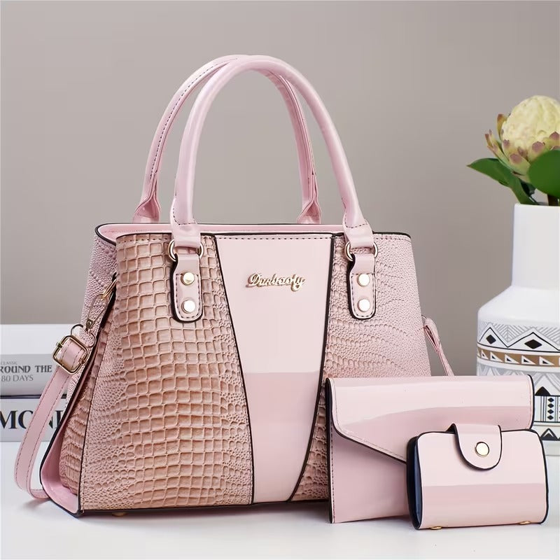 kit exclusive luxo milão 3 em 1 bolsa verniz croco rosa