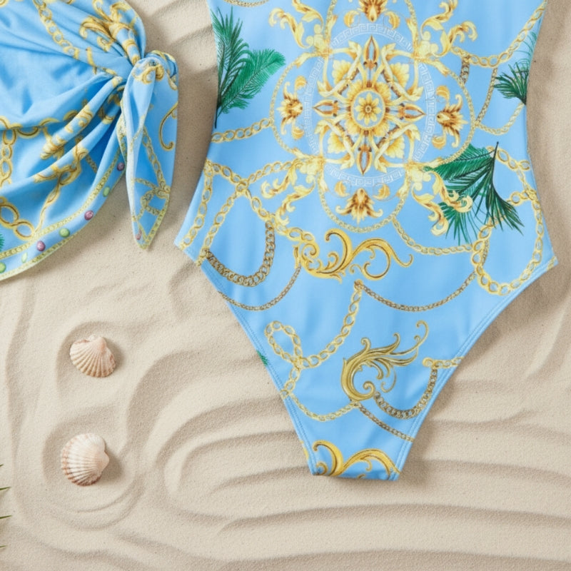 maiô azul luxo com bojo estruturado e detalhes tropicais