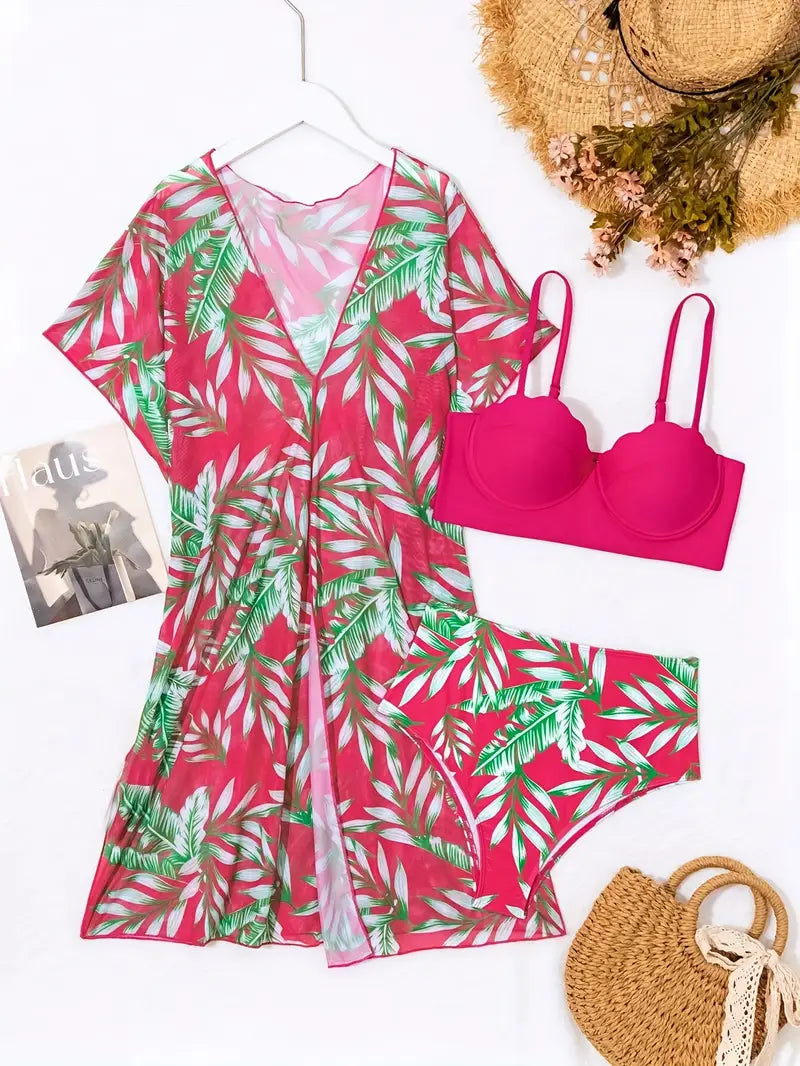 biquíni pink com hot-pants e saída estampada feminina detalhes frente