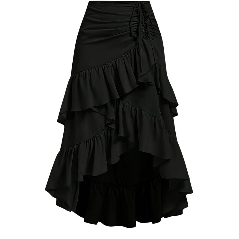 Saia Midi Preta com Babados Assimétricos