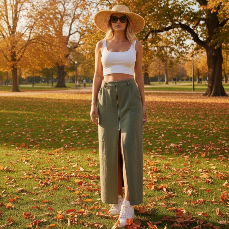 Saia Midi Longa Feminina Verde Militar - Saybeleze