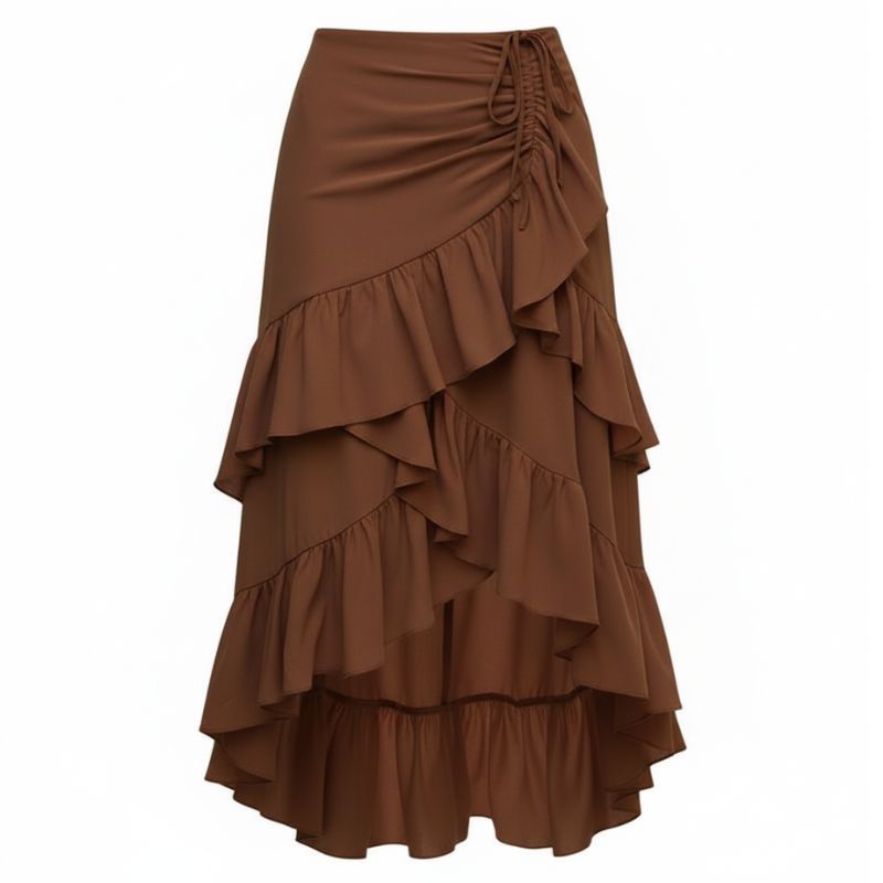 Saia feminina midi evasê marrom com babados Terra Charm