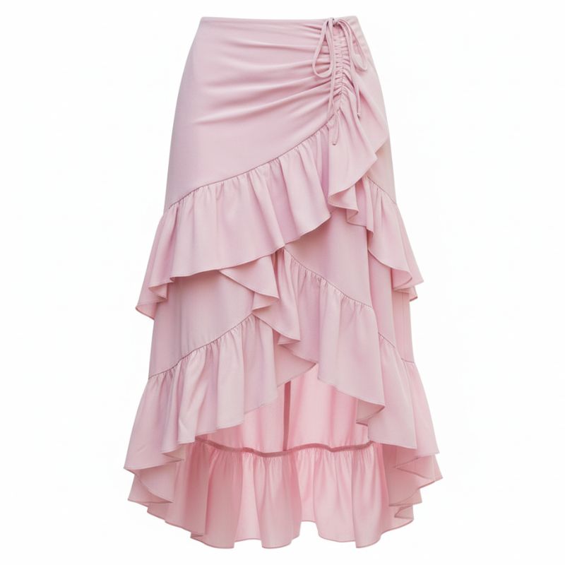 Saia feminina midi evasê rosa com babados