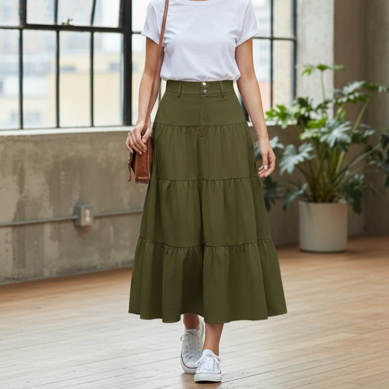 Saia Midi Verde Militar - Elegância e Estilo Casual para seu Dia a Dia