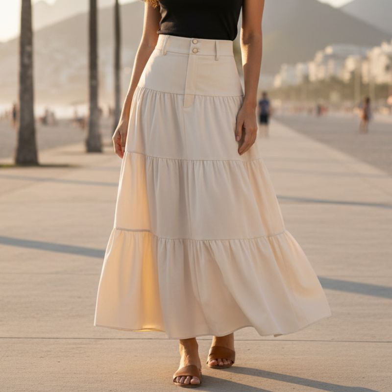 Saia evasê feminina midi bege cintura alta