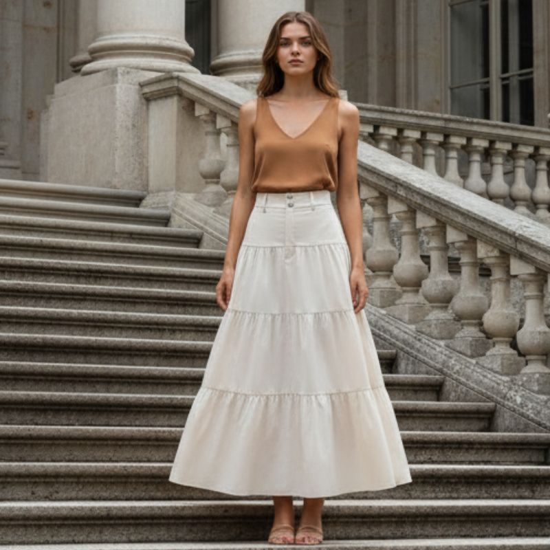 Saia evasê feminina midi bege cintura alta