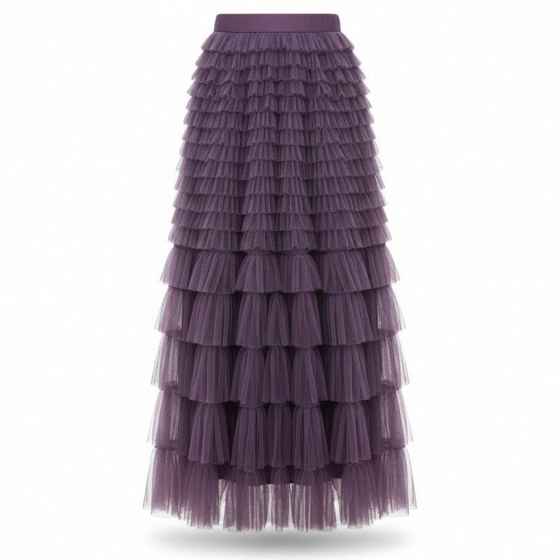 Saia Longa de Tule Lilás com Babados