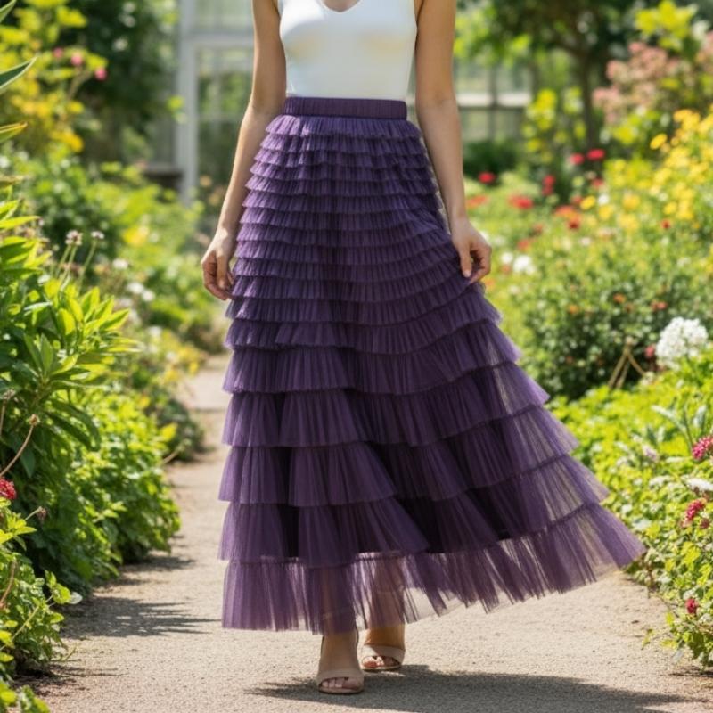 Saia Longa de Tule Lilás com Babados