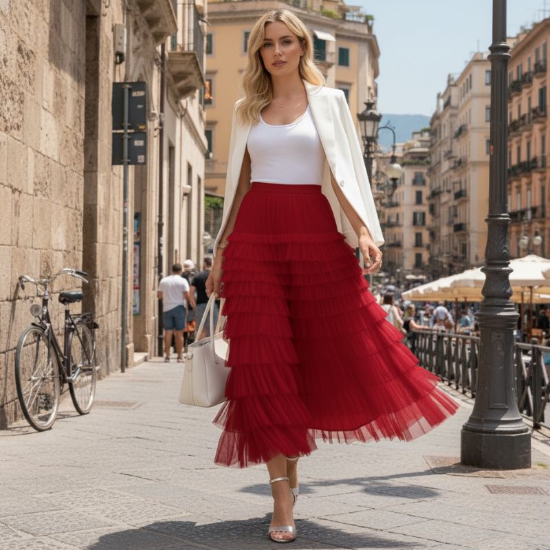 Saia Longa de Tule Vermelha - Glamour e Movimento para Ocasiões Especiais
