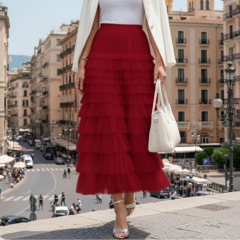 Saia Longa de Tule Vermelha - Glamour e Movimento para Ocasiões Especiais