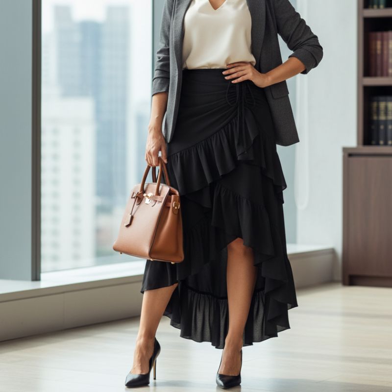 Saia Midi Preta com Babados Assimétricos