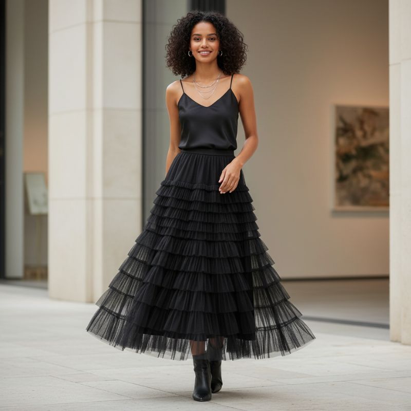 Saia plissada feminina midi em tule preto com babados