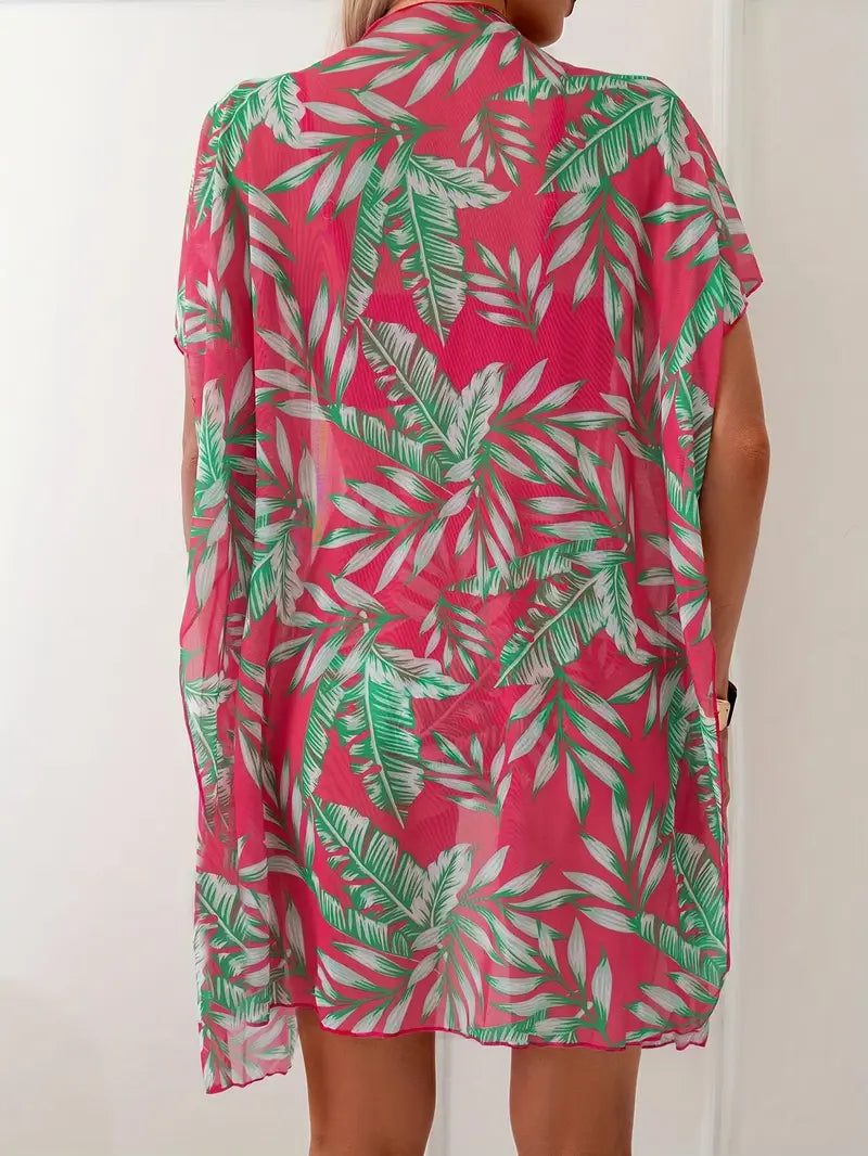 biquíni pink com hot-pants e saída estampada feminina costas