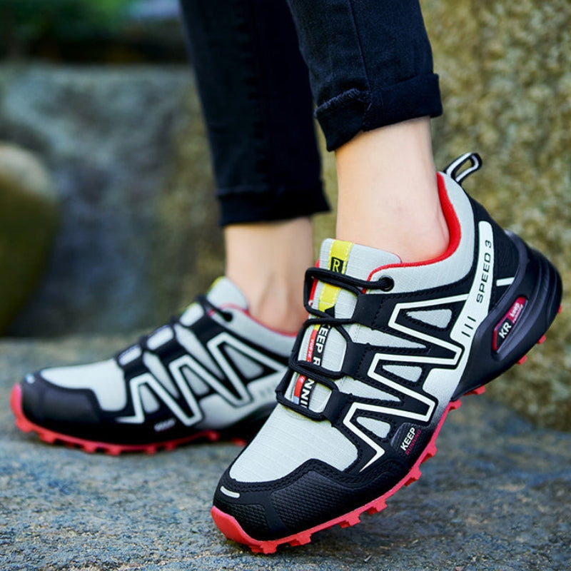 tenis unissex trilha speedrun pro cinza vermelho antiderrapante