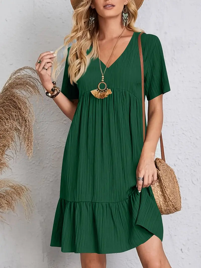 vestido feminino soltinho com babado na barra saybeleze cor verde frente