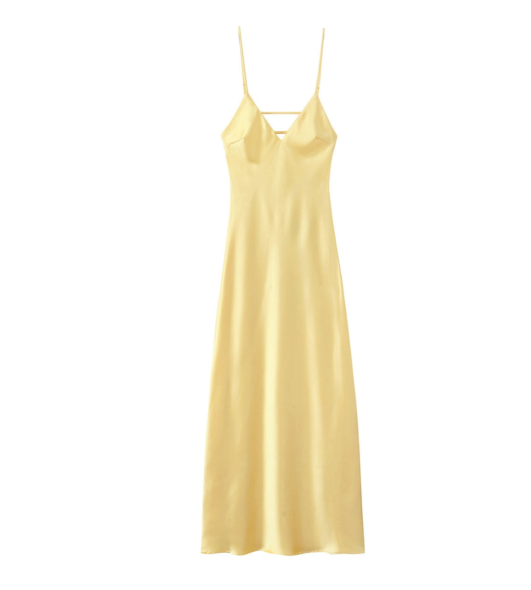 vestido feminino longo acetinado amarelo alcas regulaveis satin lumiere costas frente