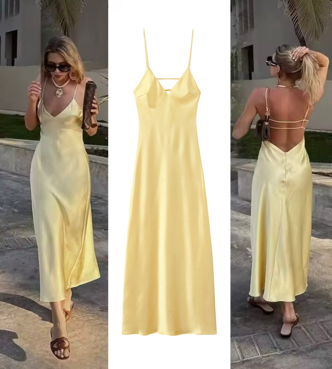 Vestido longo amarelo acetinado estilo slip dress para verão elegante