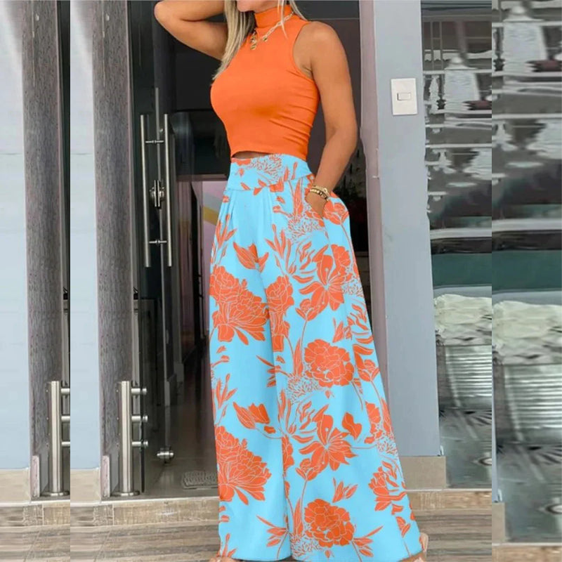 Conjunto Feminino Cropped e Calça Pantalona Estampada Laranja Floral