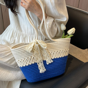 bolsa de praia feminina em corda bicolor saybeleze marrom e bege azul
