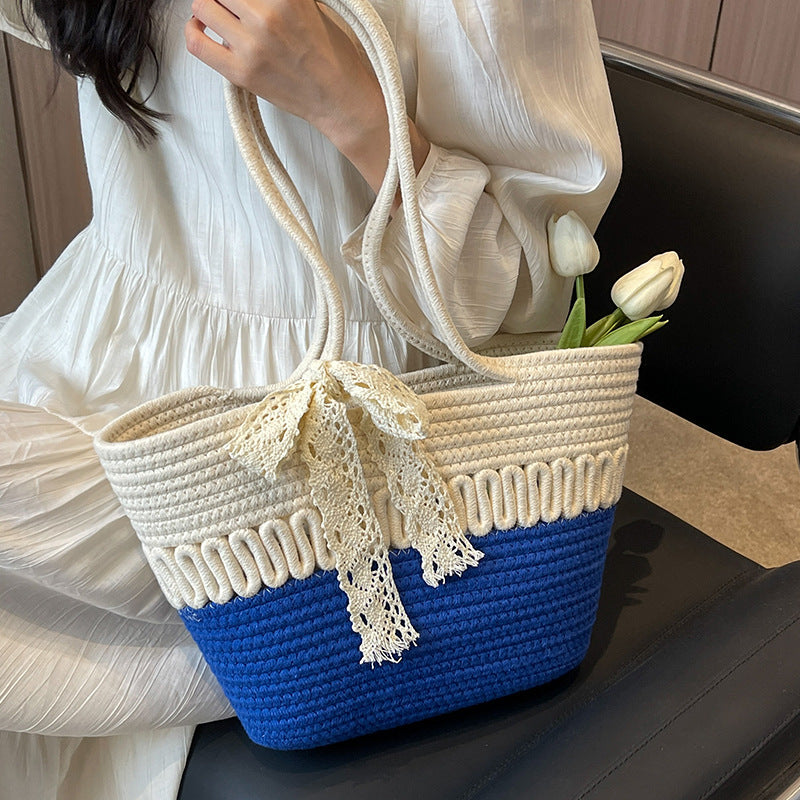 bolsa de praia feminina em corda bicolor saybeleze marrom e bege azul