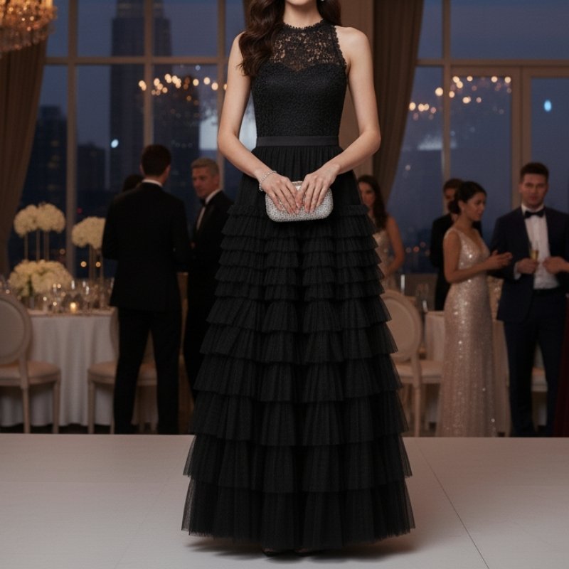 Saia plissada feminina midi em tule preto com babados