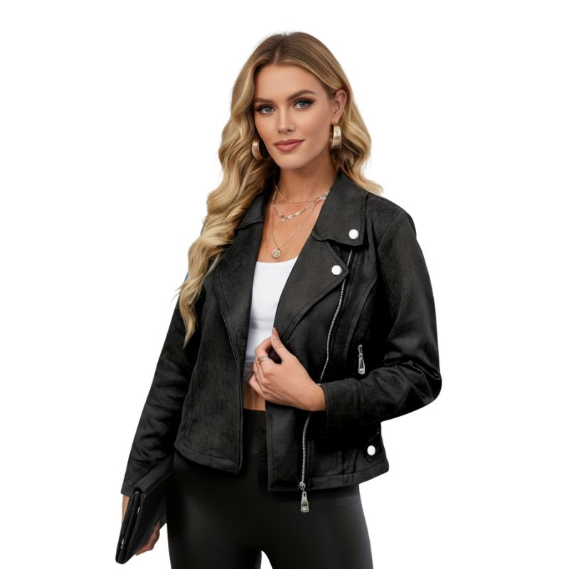 Jaqueta Feminina Preta em Suede Estilo Biker