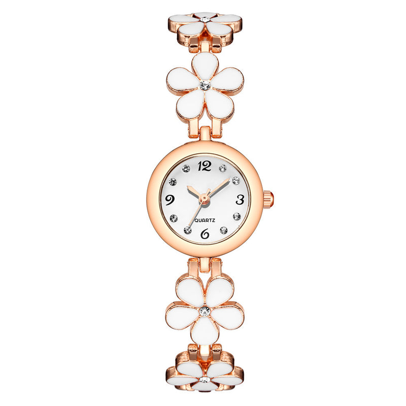 Pulseira de relógio floral branca em aço inoxidável